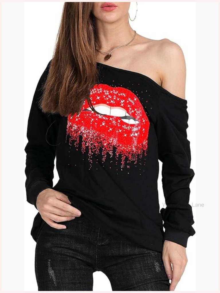 Off Shoulder Lips Print Sweatshirt Pullover Plus Size Long Sleeve Slouchy Blouse